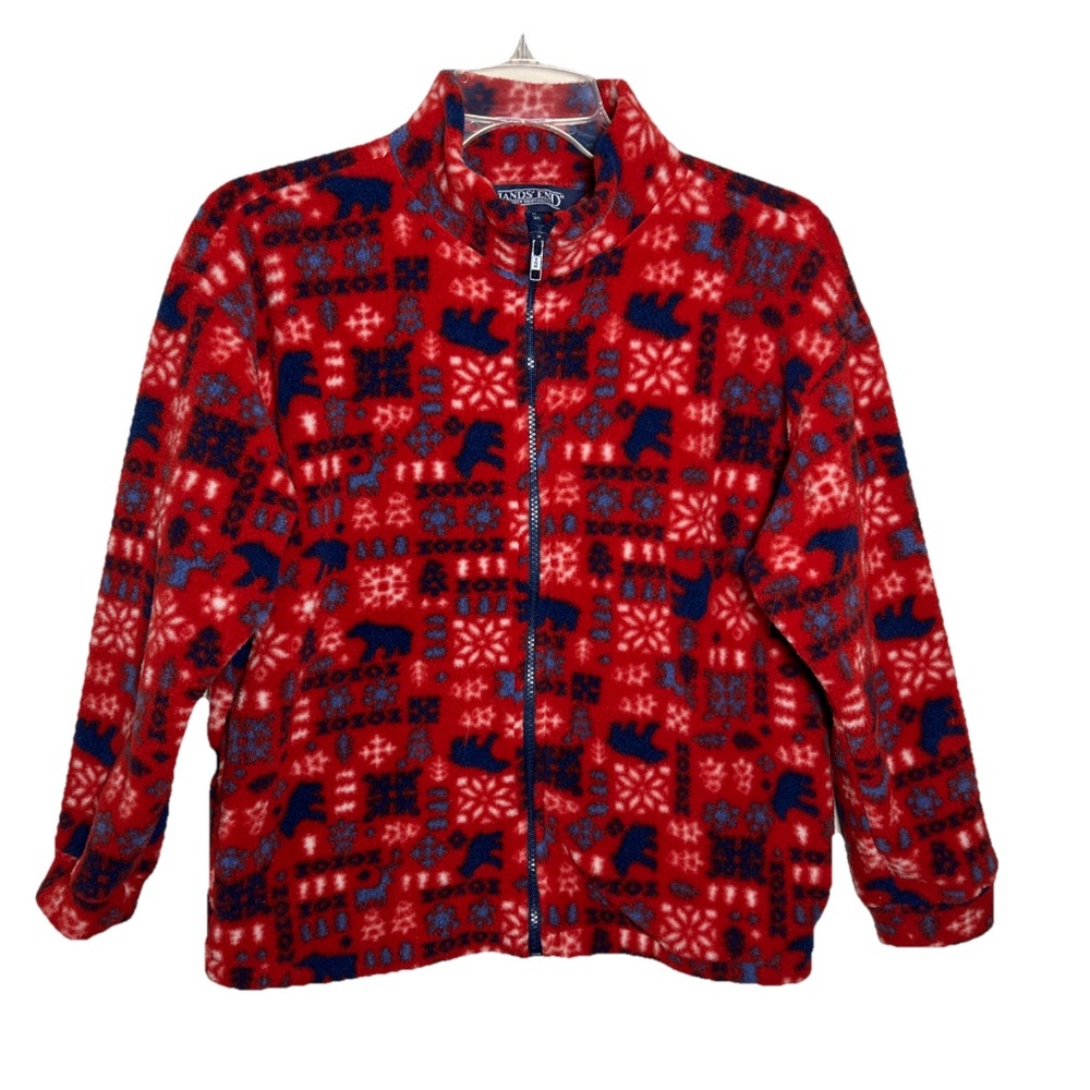 Lands End Youth Girls Size M 8/10 Red & Black Fair isle Snowflake Fleece Jacket